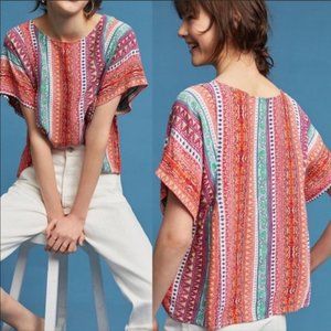 💐Anthropologie Maeve Mila Tribal Peasant Top Flowy Boxy Short Sleeve Blouse